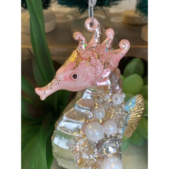Robert Stanley Blown Glass Beaded Seahorse Christmas Ornament 5" x 2.5" U17a - Picture 2 of 4